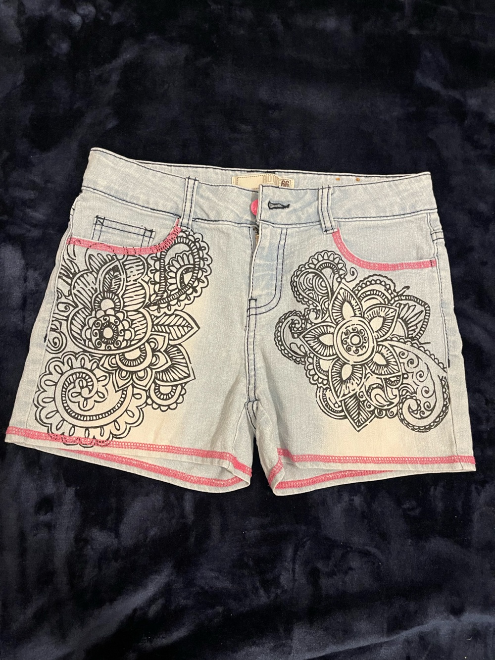 Route 66 Light Wash Denim Shorts with Black Floral Doodle and Pink Trim